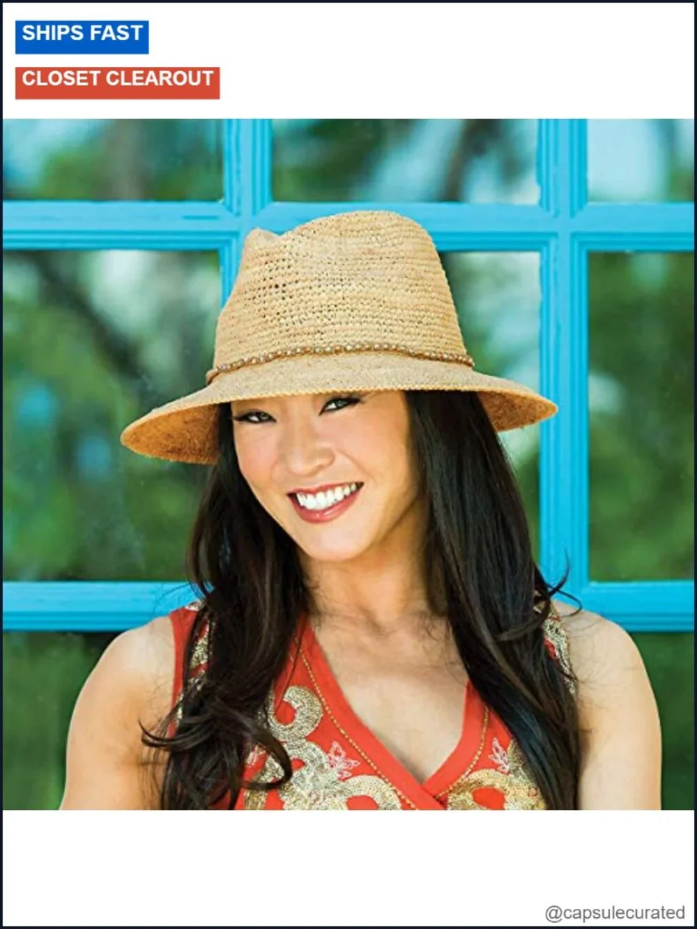 Women's Natural Raffia Wide Brim Sun Fedora Hat with Adjustable Drawstring